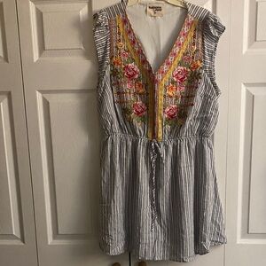 Savanna Jane Blue and White Striped Dress with Pink Floral Embroidery
